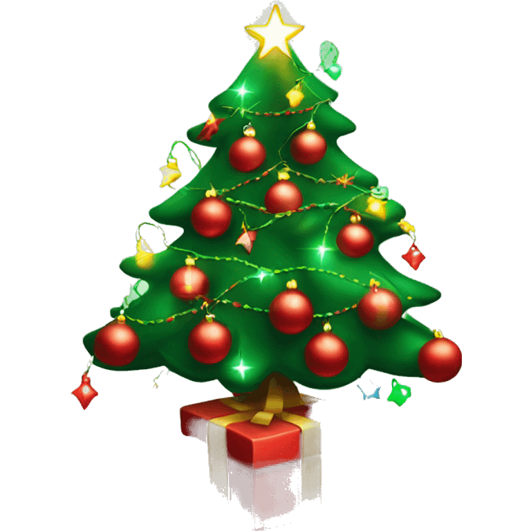 Decorated Christmas tree, red and green ornaments, glowing lights, festive look emoji