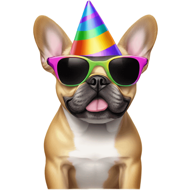 French bulldog with sunglasses wearing a party hat emoji