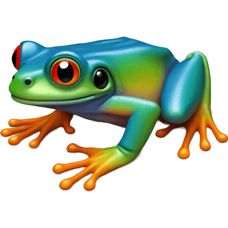 Redeyedtrefrog, red eyes, bright green body,orange feet, blue and yellow on the side, like the real frog  emoji