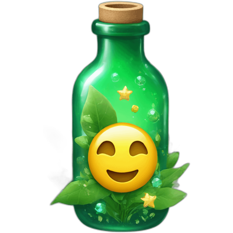 Green bottle with plants and nature and sparkles around it and tablets emoji