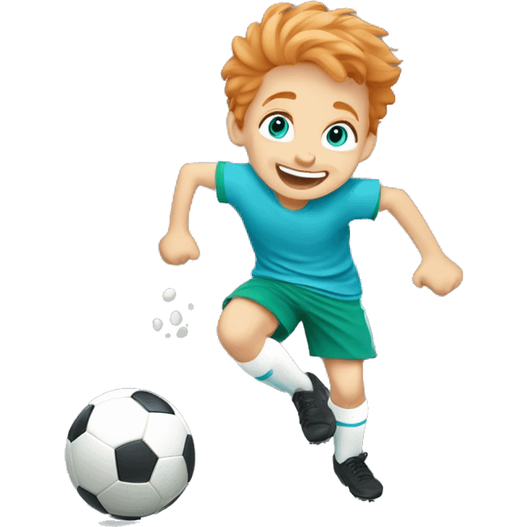 Little boy with blue/turquoise eyes and strawberryblonde hair playing soccer, kicking a ball with a joyful expression, showing movement and excitement. emoji