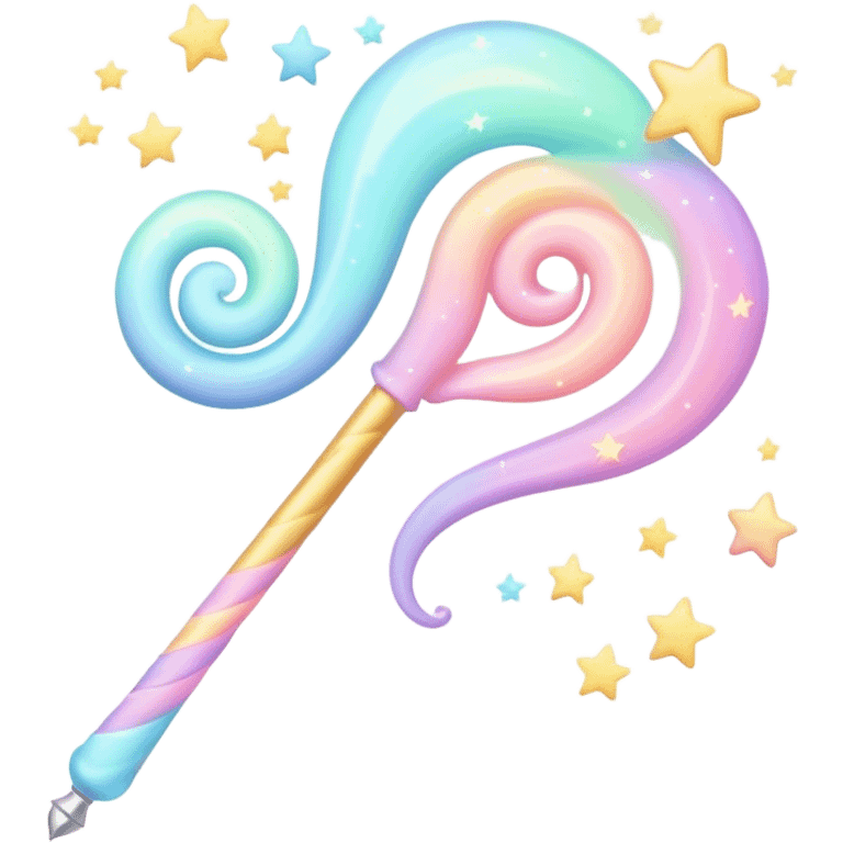 Cinematic cute magical wand, pastel swirls of color, tiny twinkling stars floating around, glowing softly, chubby rounded edges, whimsical and dreamy. emoji