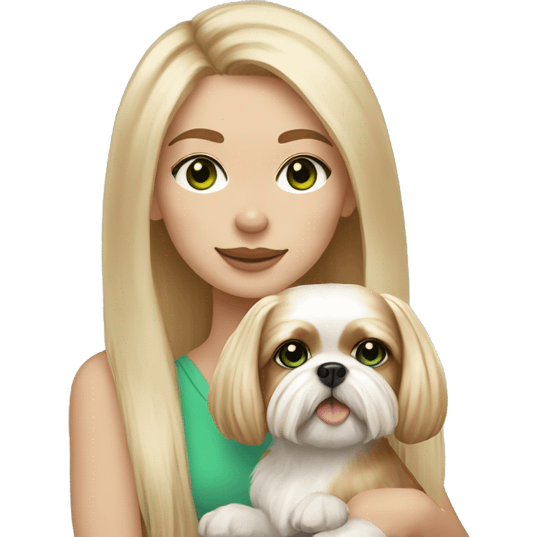 Girl with lots of freckles, long blonde hair, freckles, and bright green and blue eyes holding an all beige shih tzu dog  emoji