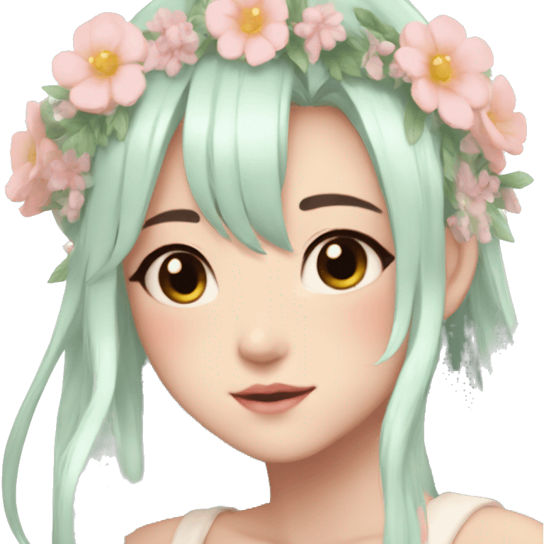 Shiny Gorgeous Pastel Anime Lady with blushing face and pretty hair with a flower crown aesthetic trending style emoji