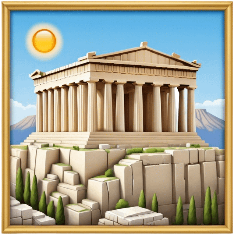 Cinematic Realistic Acropolis Landmark Emoji, showing the Parthenon standing proudly atop the Acropolis hill, with its marble columns glowing under the warm Athenian sunlight against a blue sky. emoji