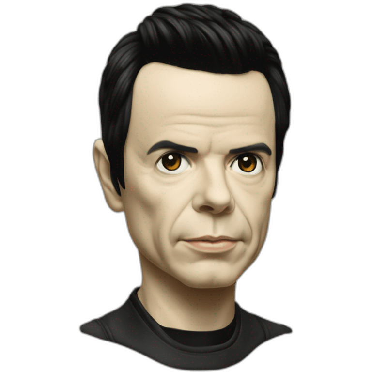 photo-realistic Gary Numan in 1979, standing upright, playing a Mini Moog, front-view perspective, emoji