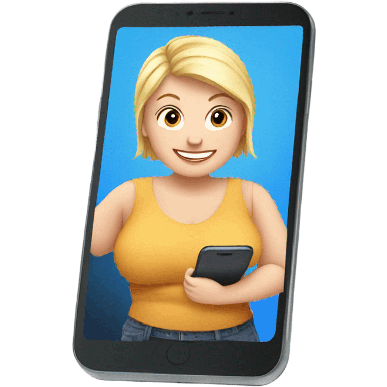 overweight blondie woman happy with a smartphone in hands showing charts emoji