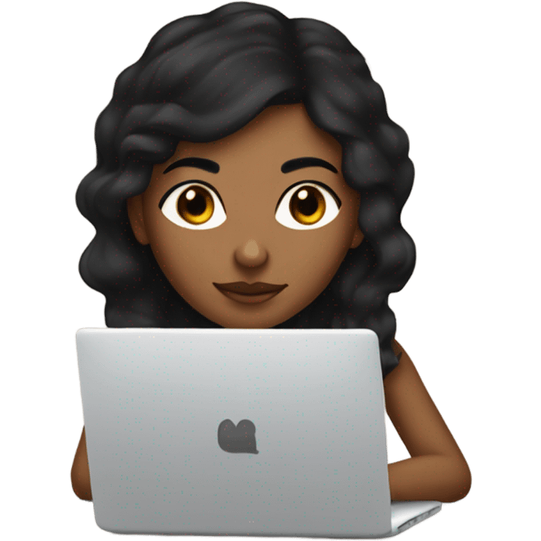 Brown girl with small black dot in between her eyebrows and long black hair typing on a laptop emoji