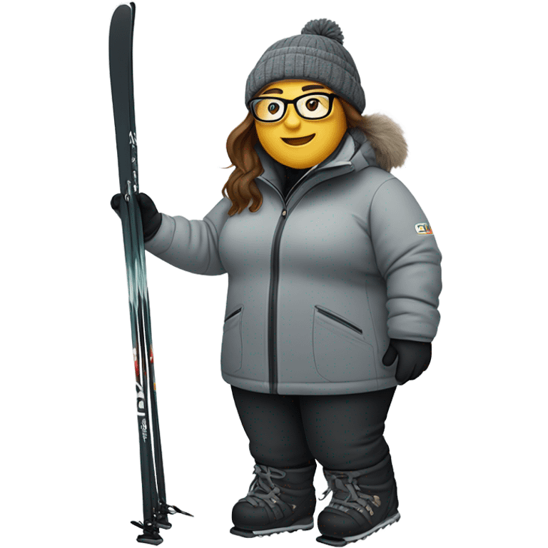 chubby female skier with long hair, glasses, grey snow jacket, black pants and black skis without ski poles emoji