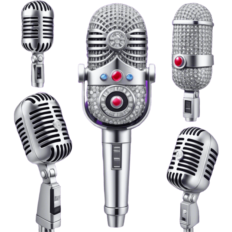 Create a glamorous and vibrant emoji representing stage vocal performance. The design should feature a humanless collage of classic vintage microphone, stage costume covered in rhinestones, sparkling brightly. The costume should be stylized, with glittering elements like sequins and sparkles, and reflect the glitzy, extravagant nature of show business. The microphone should have a sleek, retro look with chrome or metallic accents. Use rich, dazzling colors like gold, silver, deep purple, and bright red to evoke the glamorous, larger-than-life feel of a stage performance. The background should be transparent. emoji