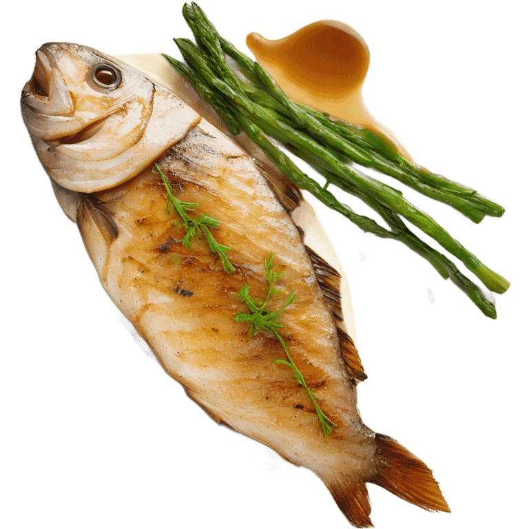 grilled fish small 3 fillet with brown butter sauce on white plate emoji