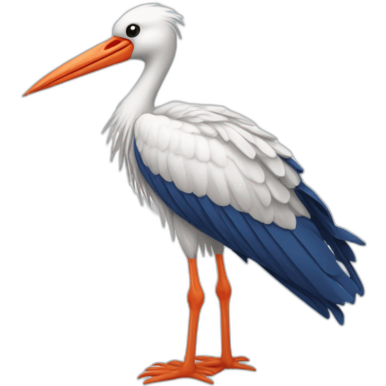  white stork with long legs and a long beak flying in the sky. The stork is carrying a blue bundle of cloth in its beak that has a cute baby face peeking out from it emoji