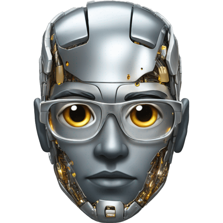 Male cyborg head with metallic skin, flat top, rectangular glasses and circuits emoji