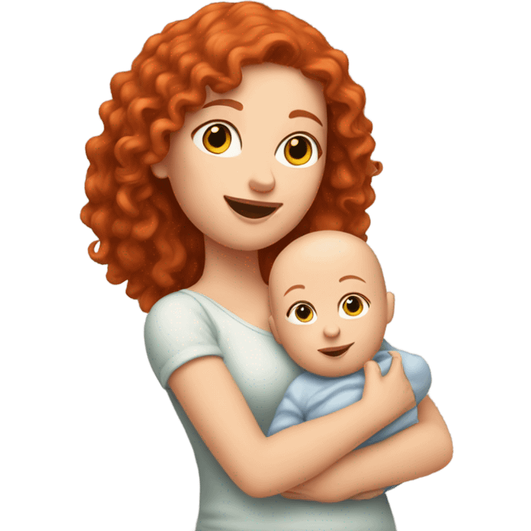 white girl with long red curly hair holding bald baby emoji