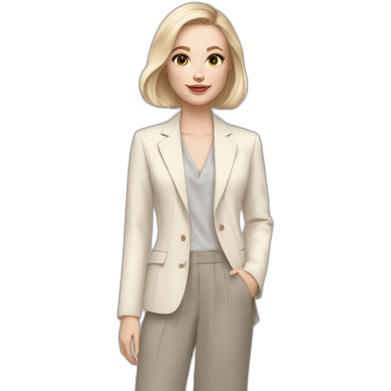 pale skin woman with ash blonde Straightened bob Hair, White Spacious classical jacket, beige palazzo Arrow pants and gray blouse holding a color palette in the hands emoji