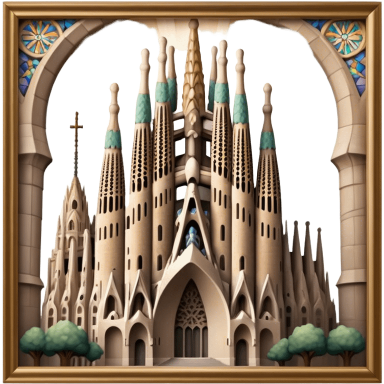 Cinematic Realistic Sagrada Fam√≠lia Landmark Emoji, depicted with the intricate, soaring architecture of the basilica rendered with detailed textures and dramatic, ethereal lighting. emoji