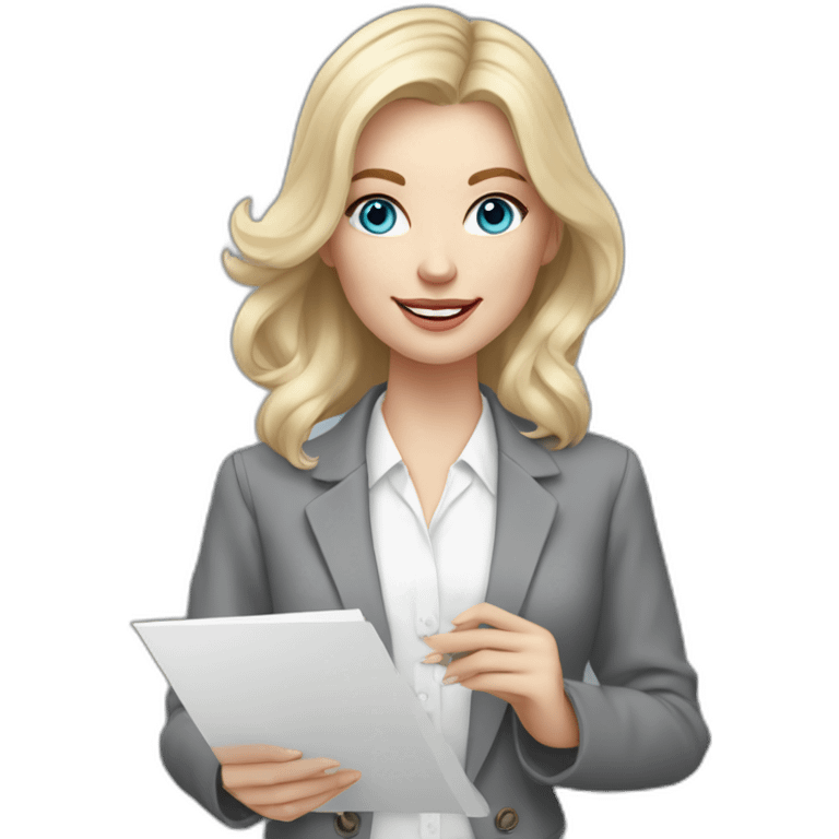 pale skin woman interior designer with cold blonde middle length hair, blue eyes, White blouse, Gray oversize jacket, Gray skirt holding a color palette in the hands emoji