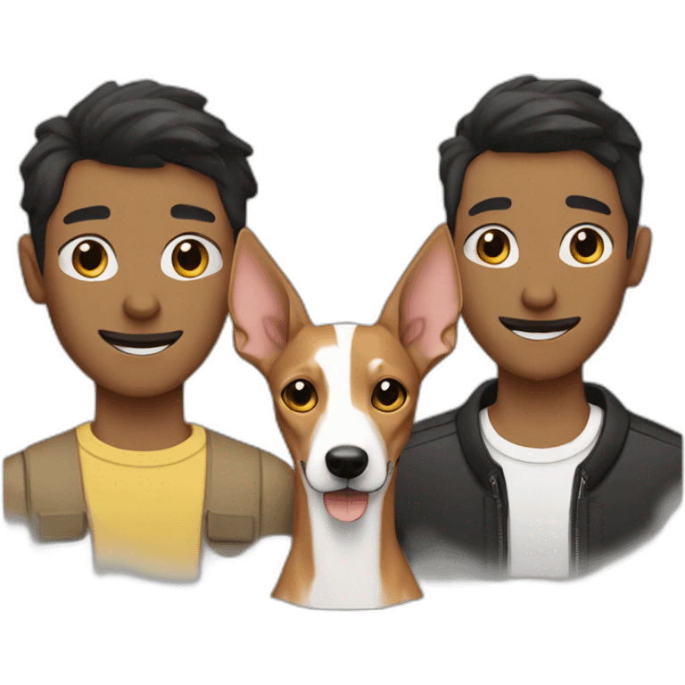 Podenco with two gay owners one white with black hair and one tanned with black hair emoji