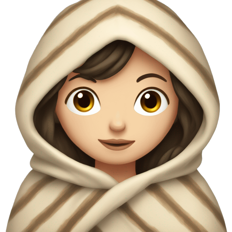 White  girl with dark hair cozy in a blanket emoji