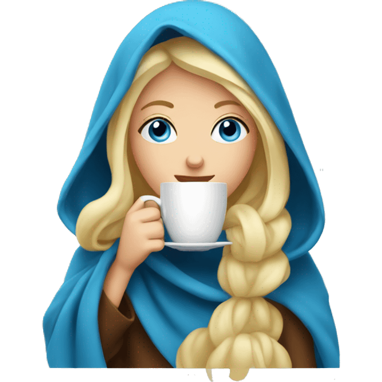 Blonde girl in a blanket sipping coffee with blue eyes emoji