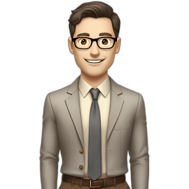 Pale skinned fit man with dark brown hair in gray jacket, beige office shirt, brown tie, brown pants and vintage glasses Writing on the flipchart emoji