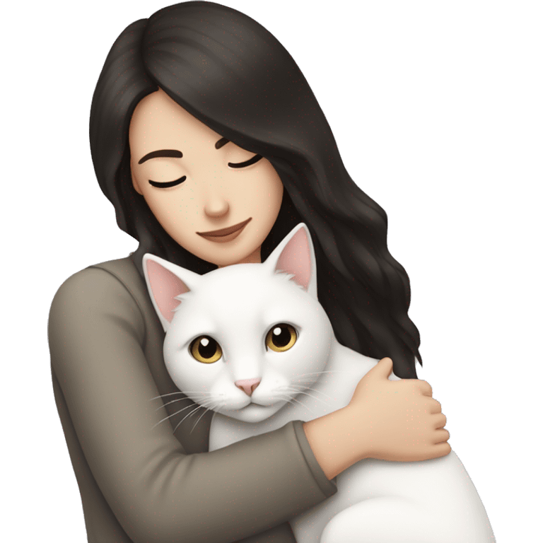 white girl with dark hair hugging a white cat emoji