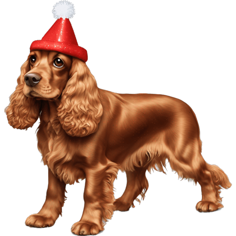 A full-length, adult, red cocker spaniel in a New Year's cap emoji