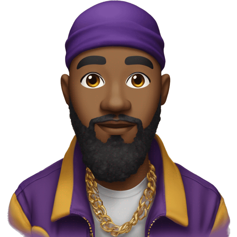 Omega psi phi man wearing a purple and gold letter man jacket a black durag in his head brown skinned black full beard and attractive diamond nose ring on nose  emoji