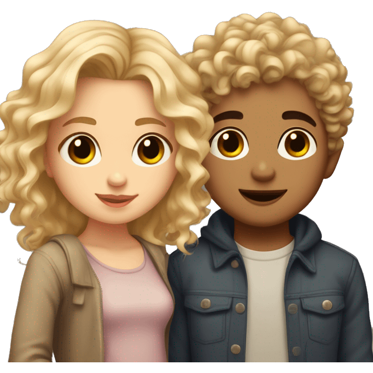 Girl with curly wavy hair and brown eyes kissing  blonde boy with layered hair and hazel eyes  emoji