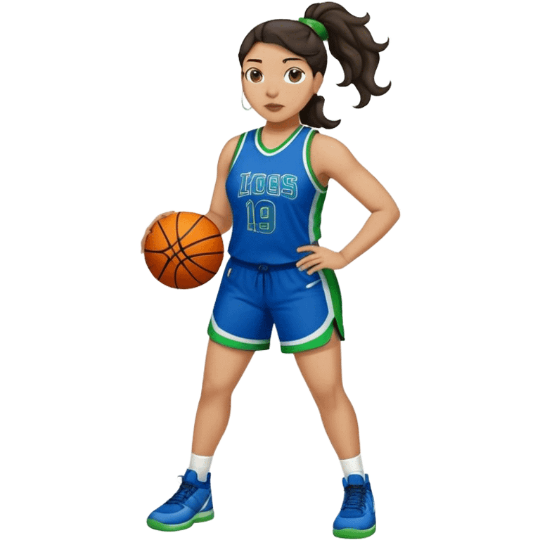 full body plus size light skin  latino women basketball player with wavy dark hair in pony tail wide nose wearing blue uniform with green accent emoji