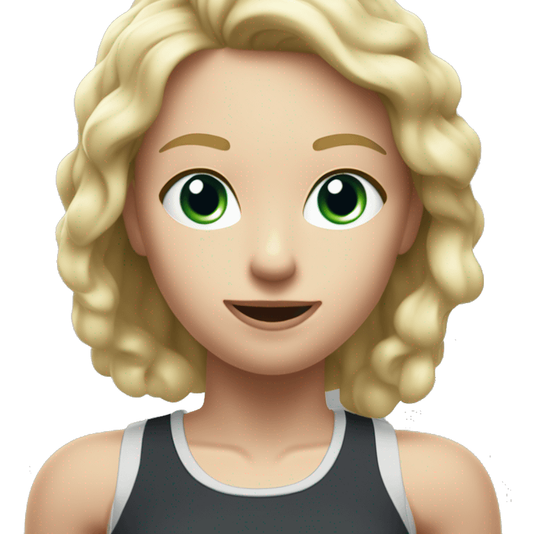 Close up Actively gesturing  with hands Pale skinned Fit woman With the biceps and blonde hair in dark gray Sleeveless Mike, black sports shorts, watch and white Sneakers emoji