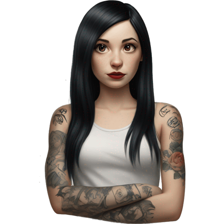 Hyperrealistic Pale girl with black hair arm tattoos emoji