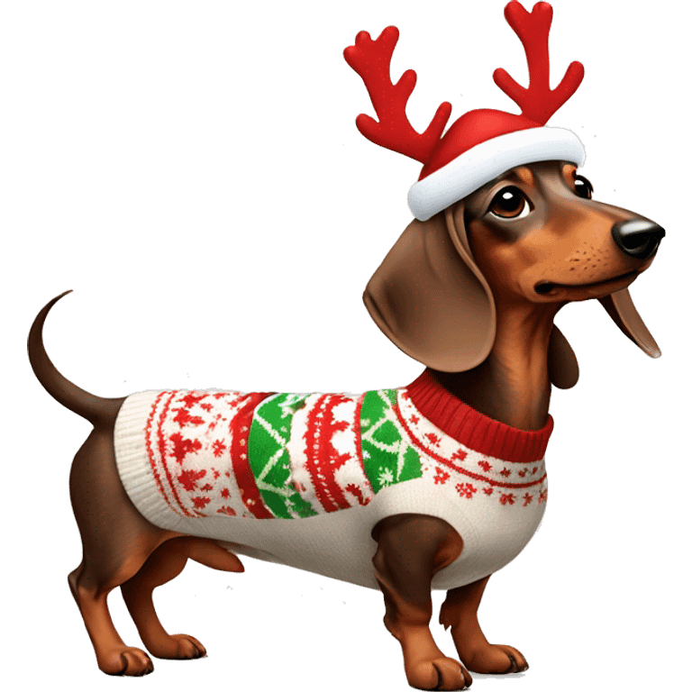 Dachshund wearing a Christmas sweater and reindeer antlers on his head emoji