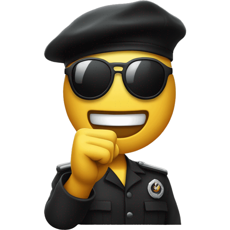 a smiley emoji with a black beret and black sunglasses and the righr fist in the air emoji