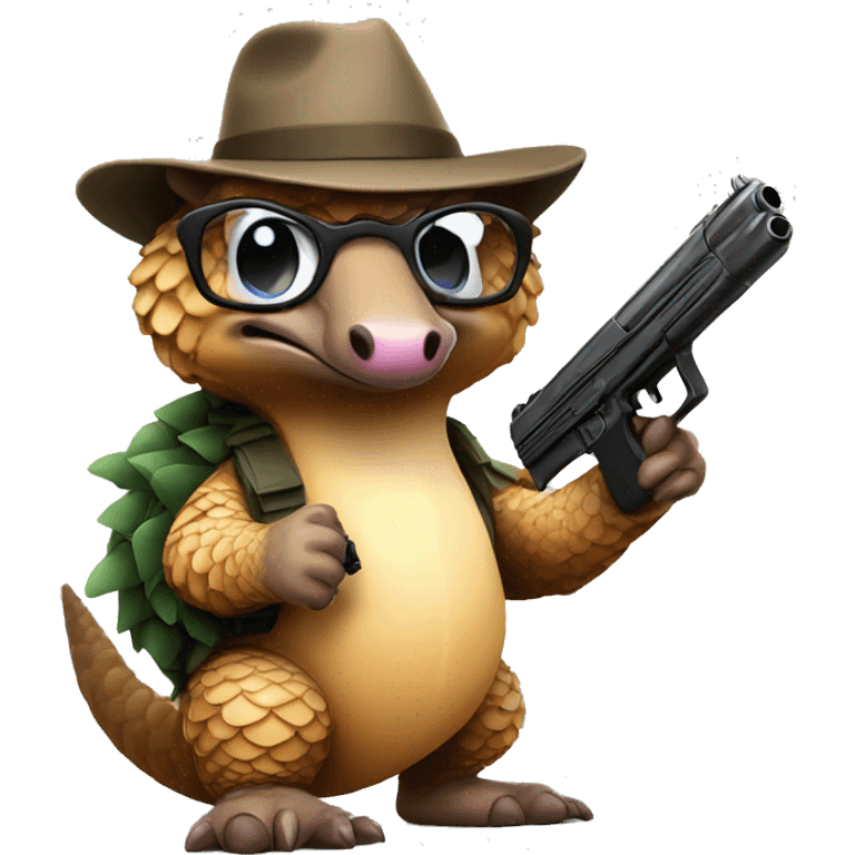 One pangolin wearing a hat and glasses holding a gun  emoji