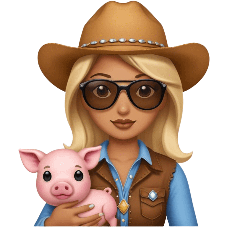 Cowgirl wearing sunglasses and holding a small pig emoji