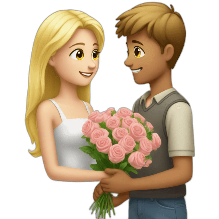 A boy who offers a bouquet of flowers to a pretty blonde emoji