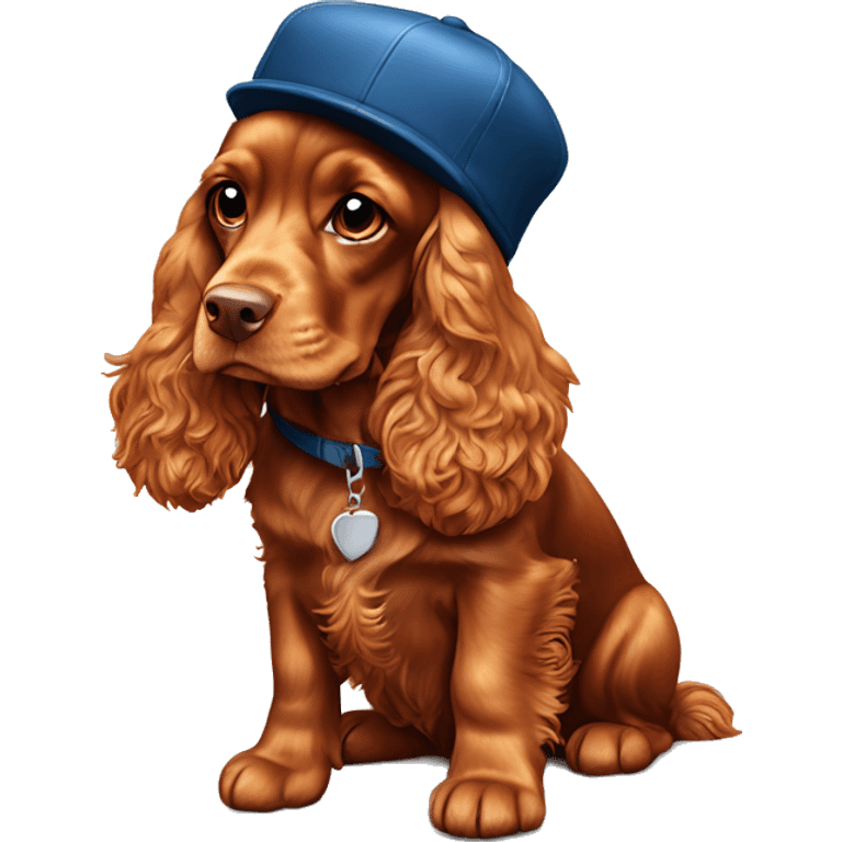 A full-length, adult, red cocker spaniel in a New Year's cap, siting emoji