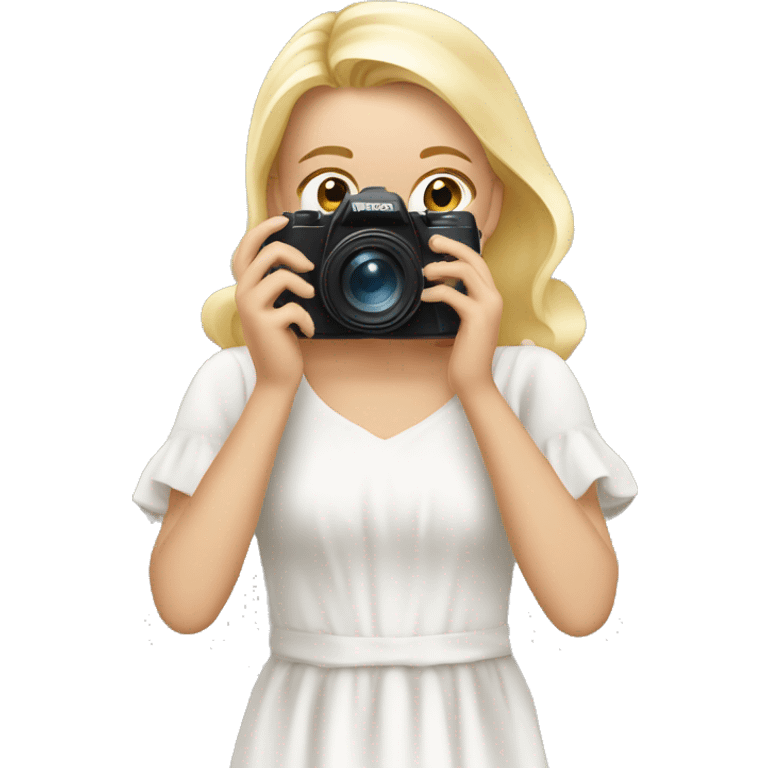 blonde photographer in a white flowy dress and camera to her face doing family photography emoji