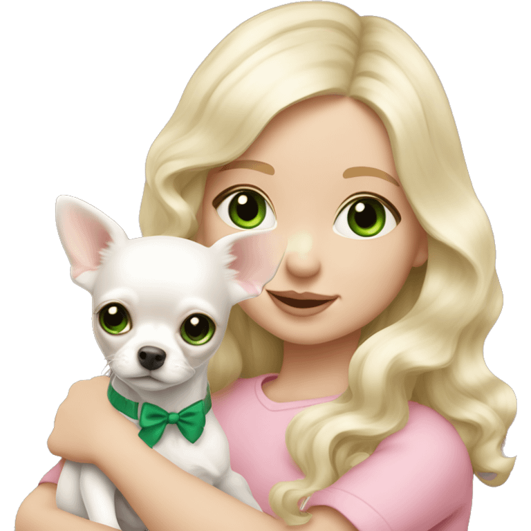 pale blond girl with wavy long platinum hair with green eyes holding a white chihuahua puppy that wearing a pink bow emoji