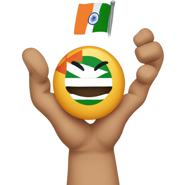 a smiling circle face emoji holding an indian flag in hand properly emoji