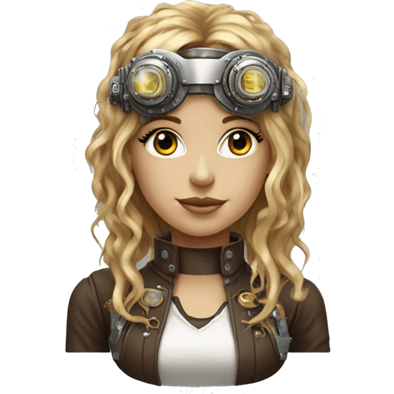 Brown long hair with blonde steaks female cyborg head, fair skin, steampunk goggles and circuits emoji