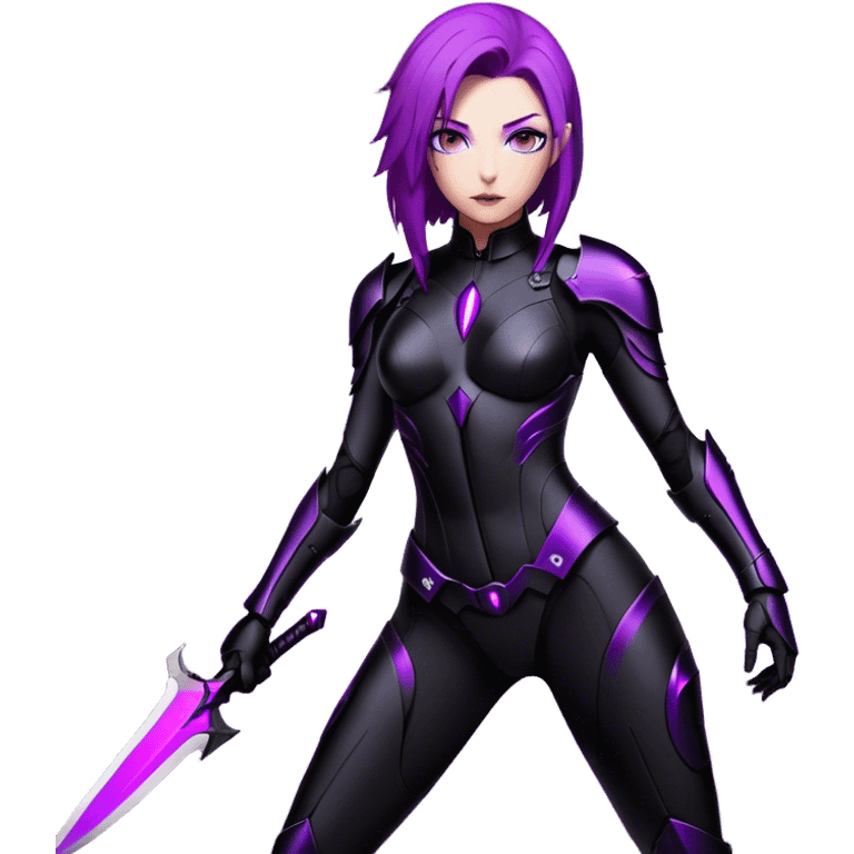 A sleek warrior woman with flowing purple hair, her sharp violet eyes glowing with quiet intensity. She wears a form-fitting black armored suit with smooth, seamless plating, a fusion of high-tech design and elegant minimalism. The matte black surface subtly reflects the dim ambient light, highlighting the streamlined contours of her suit. A slim, obsidian blade rests at her side, its edge barely visible in the soft glow of floating digital glyphs around her. Her expression is poised—calm, calculated, and unwavering, standing against a gradient-lit backdrop, where darkness meets the faintest hint of neon luminescence. emoji