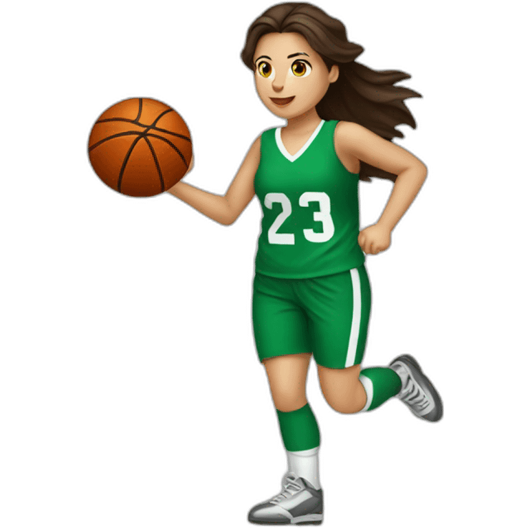 White skin brunette female playing football with basket ball emoji