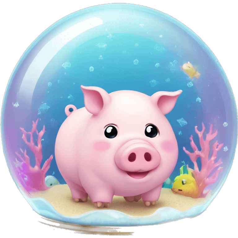 Kawaii rainbow pastel fat little magic pig in an under the sea snowglobe  emoji