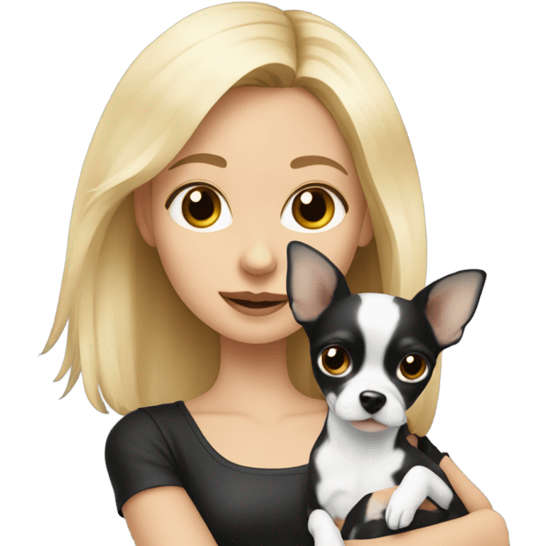 Blonde girl holding a Black and white chihuahua  emoji