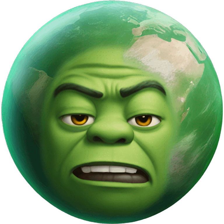 Realistic planet with features similar to the moon, green, shrek themed emoji