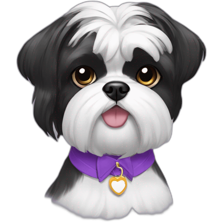 black and white shihtzu dog wearing a bun and a pueple collar emoji