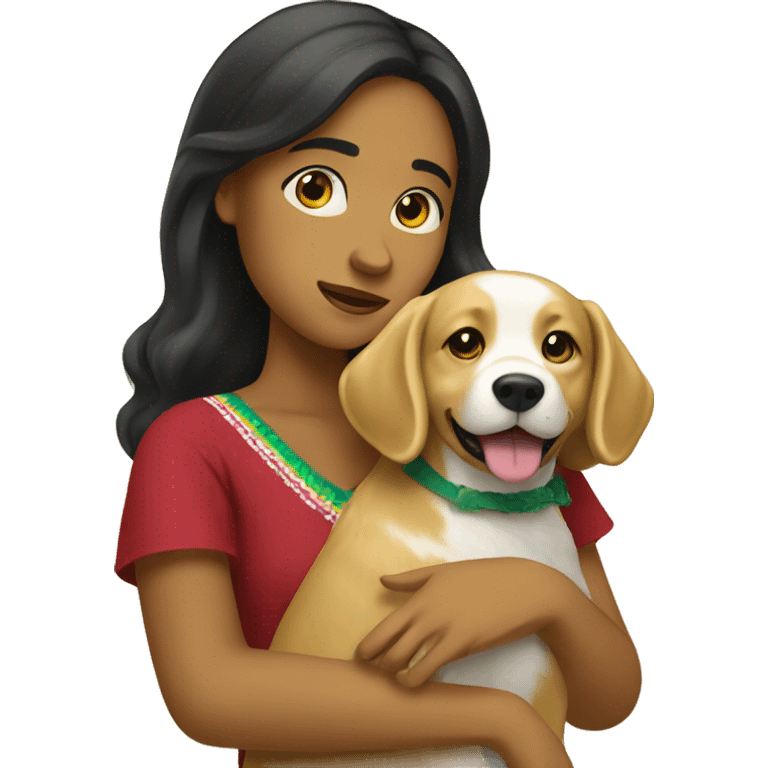 A Mexican girl holding a golden retriever  emoji