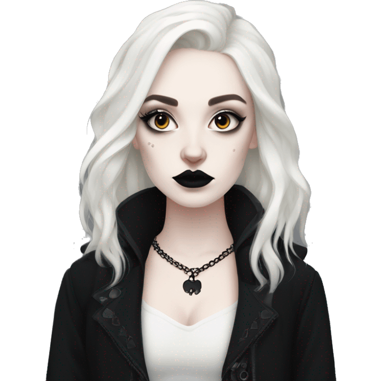 Goth girl, dressed in black, pale skin, trad goth makeup, big eyeliner, white foundation, batmests, black, thick hair emoji